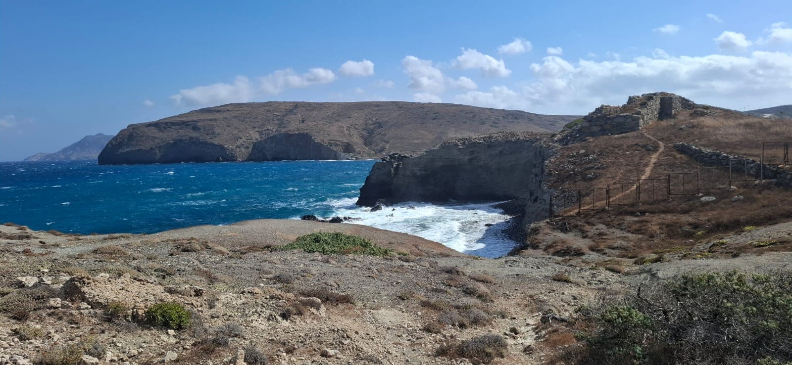 Windy south-coast cliffs and surf near Firiplaka beach, Milos